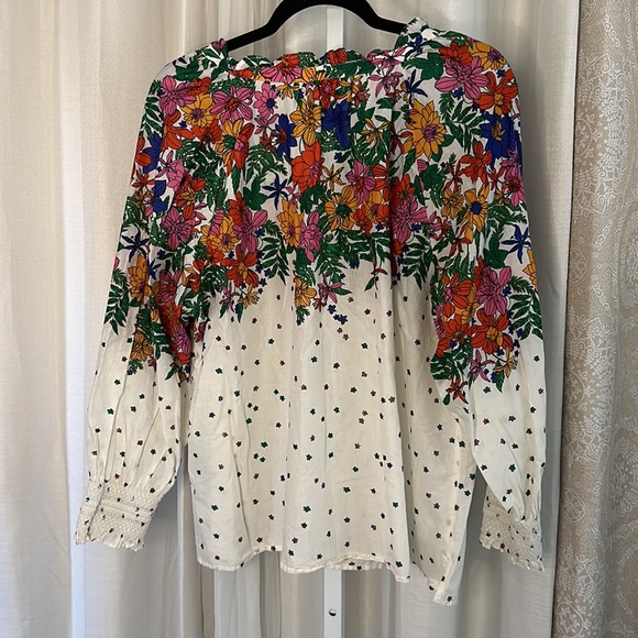 Talbots Plus 2x Top Floral Smocked Cuff V Neck Blouse Ivory Multi womens - Picture 6 of 8